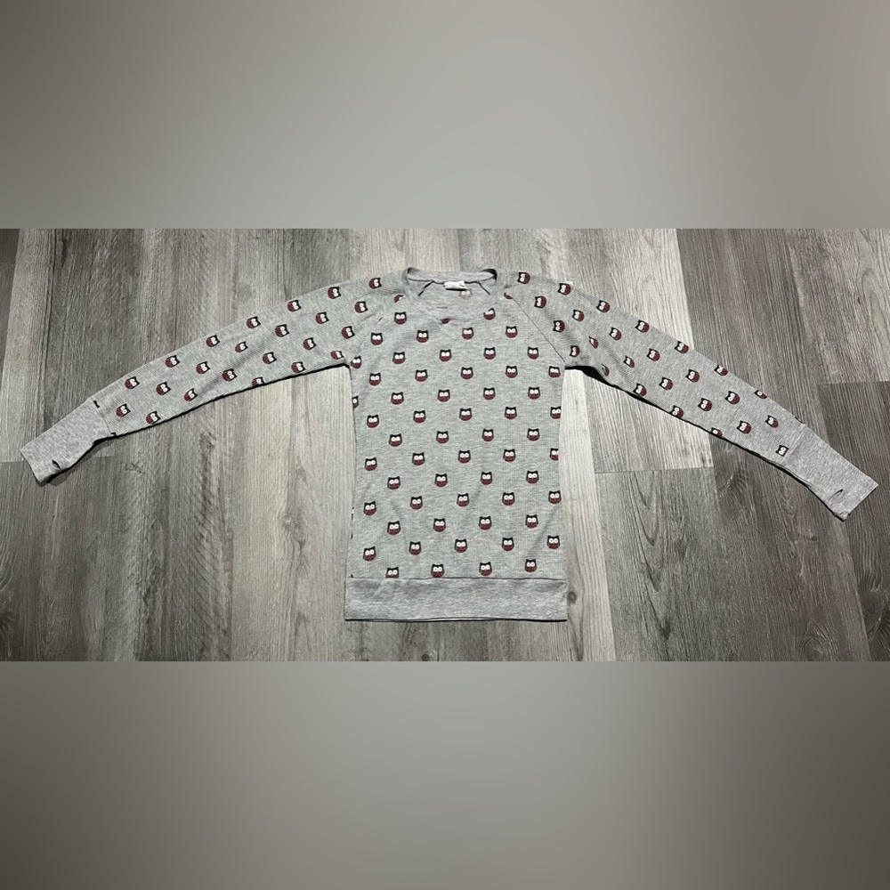 Essentials by Full Tilt Gray Thermal Raglan Long Sleeve Shirt w Owls Youth Large